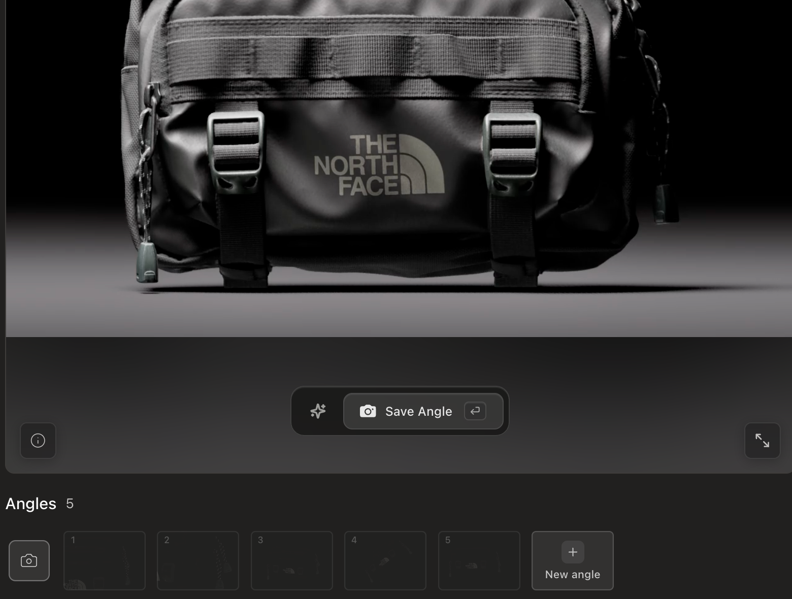 Glossi Photo mode showing a live product view, the Save Angle action, and the saved angle strip