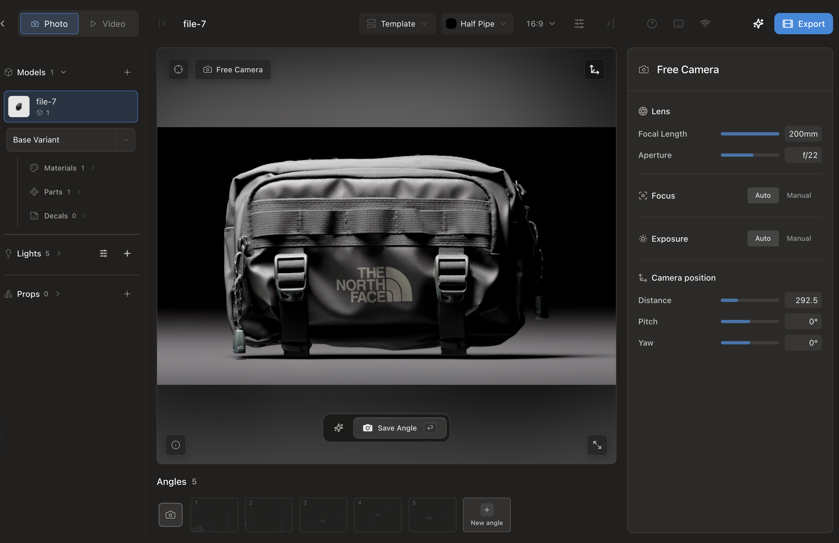 Glossi Studio in Photo mode with the live viewport, scene controls, inspector, and saved angle strip